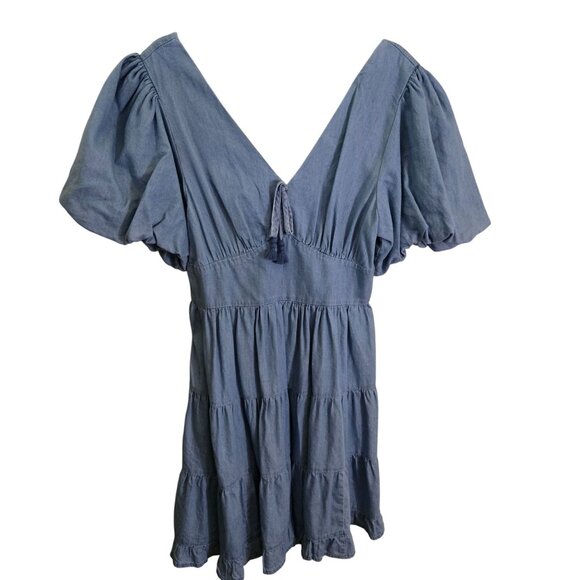 Jessica Simpson Faeryn Blue Tiered Skirt Puff Sleeve Mini Dress Size S - Picture 2 of 8